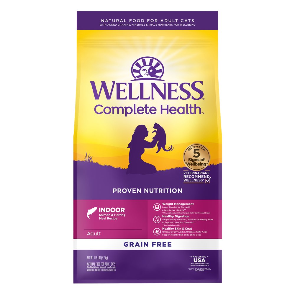 'FREE TREATS': Wellness Complete Health Grain Free Indoor Salmon & Herring Adult Dry Cat Food 11.5lb